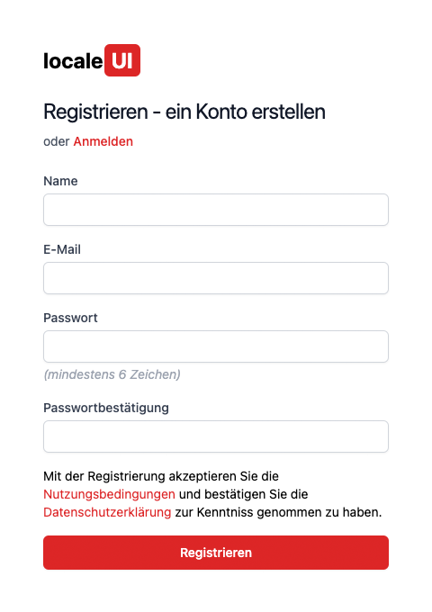 Erstellen Sie ein kostenloses Konto auf localeUI