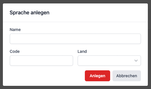 Neuer Layer mit Formular um eine neue Sprache anzulegen.