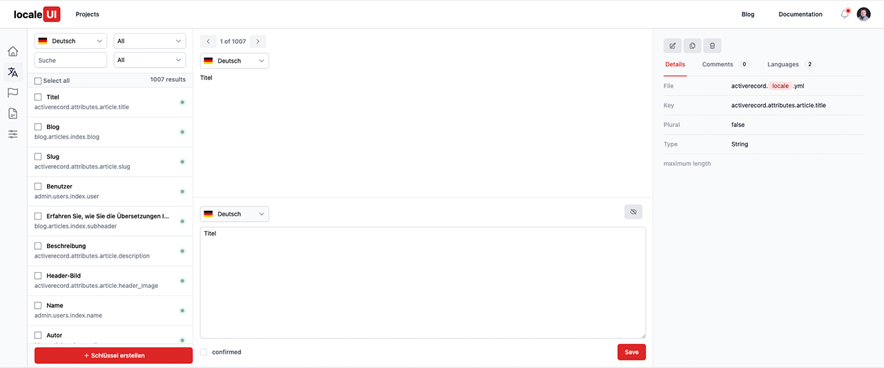 Web-based translation editor to manage translation keys and translations.